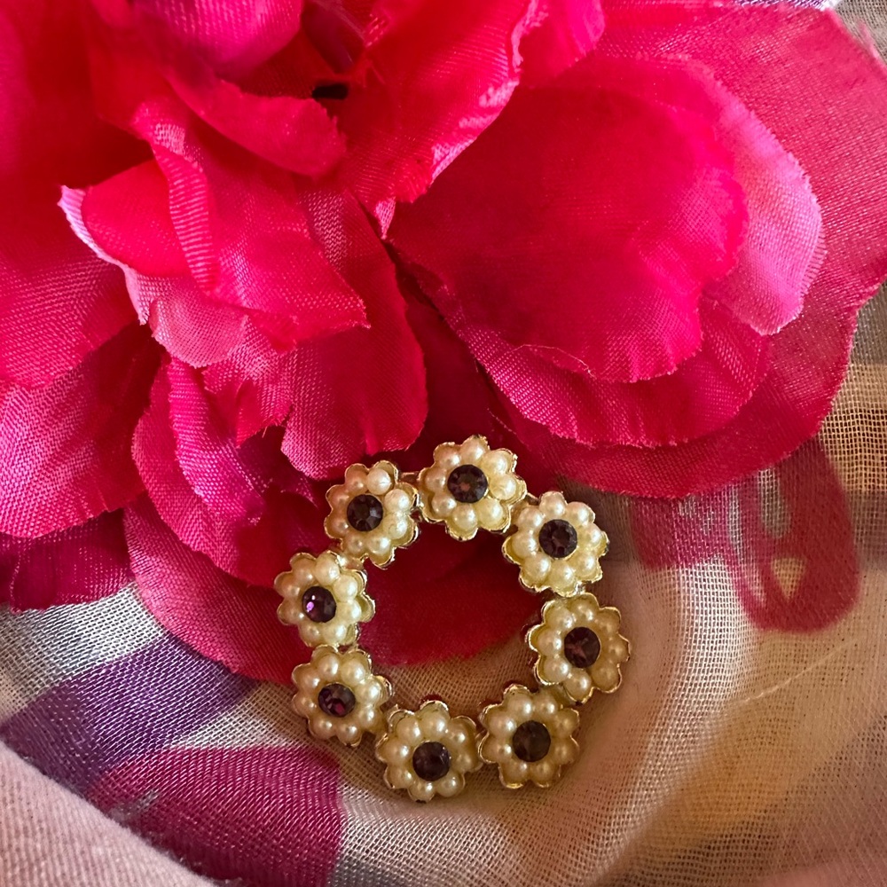Vintage Faux Seed Pearl and Pink Rhinestone Flower Wreath Brooch